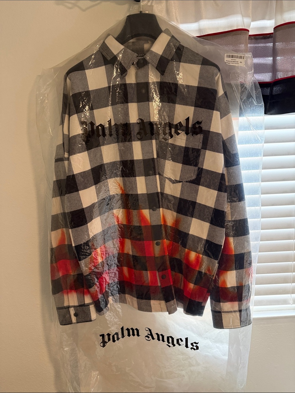 Palm Angels Black & White Checkered Flannel with Red-Orange Flame Hem